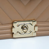Chanel Chevron Le Boy Dark Beige LGHW - (MICROCHIP)